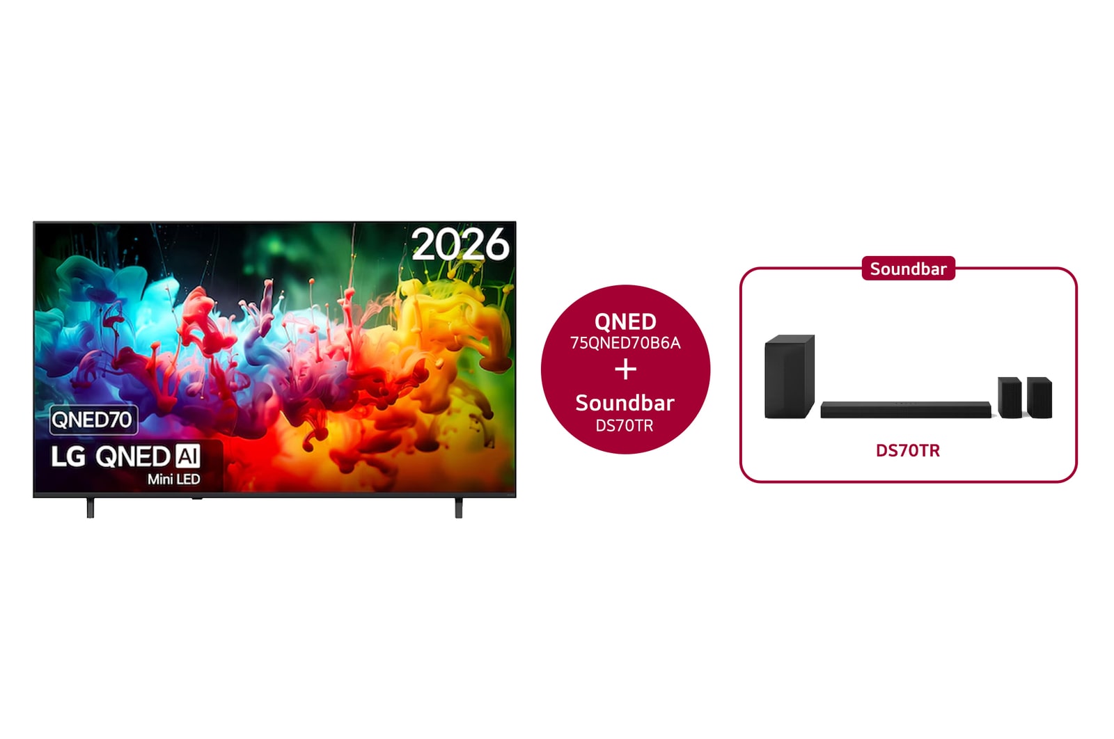 Vooraanzicht van 75 inch LG QNED AI QNED70 Mini LED 4K Smart TV 2026 & DS70TR 5.1.1-kanaals 75QNED70B6A.DS70TR